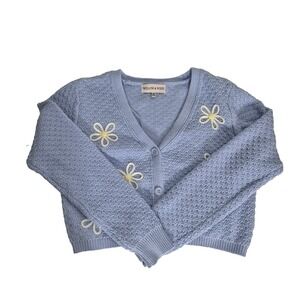 Willow & Wind Sweater Womens M Blue Textured V Neck Cropped Cardigan Long Sleeve